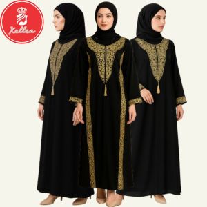 Abaya Hitam Arab Lengan Panjang Turkey Jetblack Bordir Gamis Lebaran Abaya Dubai 360 Zeera - XELLEA