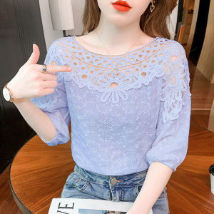 YIMEI Áo Cánh Thêu Thời Trang Hàn Quốc Áo Sơ Mi Màu Xanh Tay Lỡ Phong Cách Phương Tây Thời Trang Mùa Hè Mới 2023 Cho Nữ Áo Cánh Ren Đẹp Cho Nữ