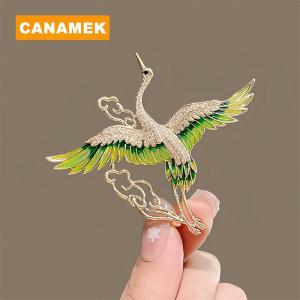 【CANAMEK】 Chinese Style Elegant Rhinestone Green Enamel Wings Crane Clouds Brooches For Women Girls Flying Birds Lapel Pins Party Jewelry