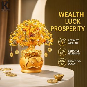 Golden Citrine Crystal Money Tree Feng Shui Lucky Copper Coin Pendant Wealth Fortune Home Decor Housewarming Gift