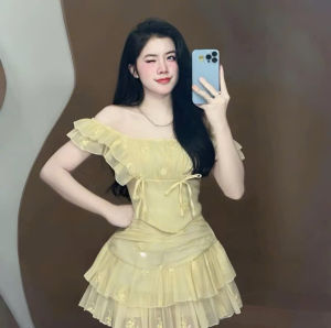 MK_ Set tiểu thư đi tiệc set thêu áo tay cánh tiên thắt nơ kèm chân váy ngắn 2 lớp có lót Voan tơ dễ thương