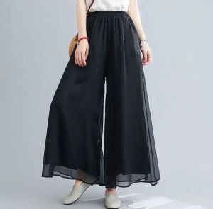 Womens Ice Silk Pants Causal Loose Plus Size High-waisted Pants Fashion Chiffon Wide Leg Pants