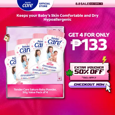 Tender Care Sakura Baby Powder - Hypoallergenic & Dermatologically Tested 50g Value Pack of 4