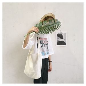 J01 Korean Plain Lightweight Sturdy Material Canvas Cloth Shoulder Bag for School Travel Shopping