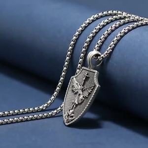 Best-Selling Vintage Angel Cross Shield Mens Pure Tin Pendant Trendy Mens Street Necklace Titanium Steel Chain