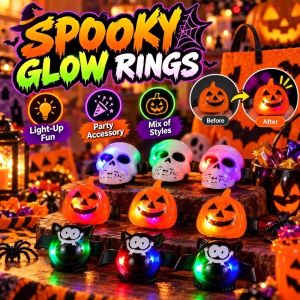 Halloween LED Glow Rings Light Up Rings Flashing Party Favours Halloween Costume Accessories Goodie Bag Fillers Kids Adults Glow In The Dark Rings