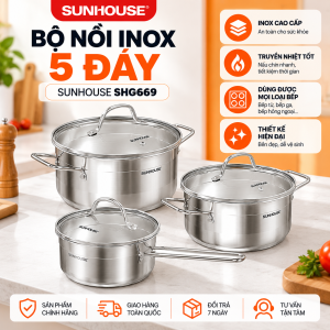 Bộ 3 Nồi Inox 5 Đáy SUNHOUSE SHG669 Size 16/20/24cm – Đáy Từ Vung Kính Cường Lực Dùng Mọi Loại Bếp Hàng Chính Hãng