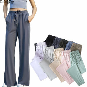Ruizhijzg S-5XL Womens Ice Silk Quick Drying Pants With Pocket Summer Men And Ladies Male Female Couple Sunscreen breathable thin pants Girls Boys Elastic Waist Stretch Sports Casual Outdoor Long Pants