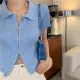 ZD Spring New Double Zipper Top Women's Knitted Cardigan Short Slim Fit Jacket T-Shirt Blue Short Sleeve. 