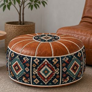 LTK376111 PU Leather Ottoman Pouf Fillable Design Boho Pattern Footstool Cover Water Resistant Round Pouf Cover Living Room