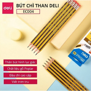 Hộp 12 cây bút chì Deli C004-2B/ C004-HB Viết chì có đầu tẩy - Chất lượng cao
