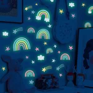 YESPERY Cartoon Rainbow Cloud Luminous Wall Stickers For Kids Rooms Bedroom Home Decortion Wall Decals Glow In The Dark Stars Stickers