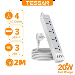 TESSAN 20W Tower Universal Power Strip with 8 AC Outlets 3 USB A Ports 3 USB C Ports Overload Protection Fire Resistance Compact Design Certified Power Cord 2M