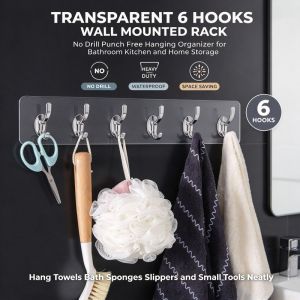 Transparent 6 in 1 Self Adhesive Wall Hooks No Drill Heavy Duty Hanging Rack for Bathroom Towel Kitchen Gadget Storage