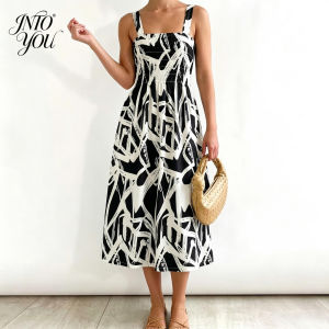 Women Sleeveless Square Neck Abstract Print Midi Dress Casual Smocked Waist Beach Vacation Sundress