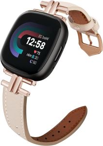 Leather Band Compatible with Fitbit Versa 4/Sense 2 Bands for Women Dressy Slim Leather Strap Wristband Compatible with Fitbit Sense/Versa 3 luxurious Metal Buckle (Beige/Rose Gold)