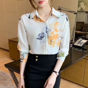 Tianshun Fashion Korean Summer Chiffon Top OL Work Dress Casual Shirt Womens Long Sleeve Printed Shirt