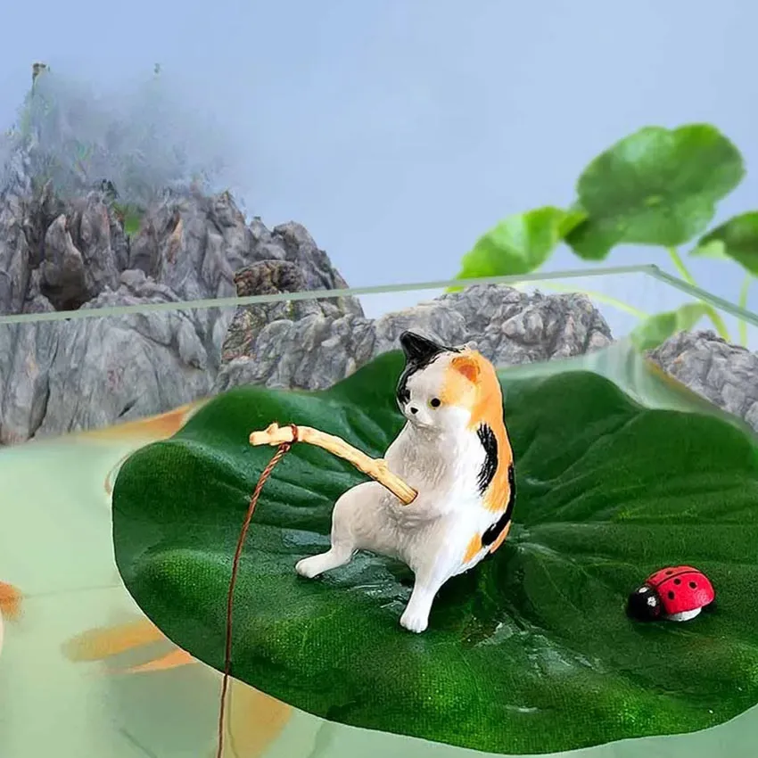 Fish Tank Landscape Decorations Cat Fishing Figurine for Home