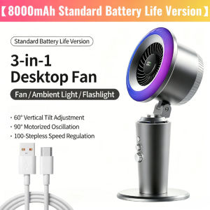 3-IN-1 Table Fan 8000mAh Battery Rechargeable 100-Speed Strong Wind with 10 Colors RGB Light 90° Oscillating Turbo Fans for Desktop/Office/Bedroom