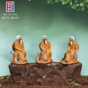 Tượng gốm mini Lão Tiều Phu ngồi uống nước bên suối trang trí chậu cây bonsai