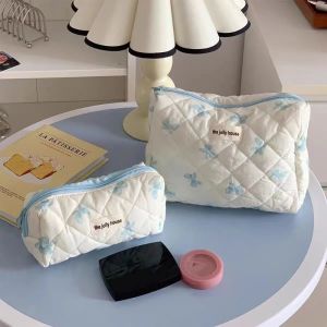 Pink Bowknot Quilting Women Cosmetic Bag Portable Zipper Makeup Travel Organizer Female Handbag Toiletry Pouch for Girls