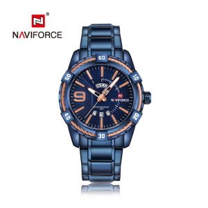 NAVIFORCE Classic Watch for Men Fashion Casual Sport Wristwatch Stainless Steel Strap Waterproof Dual Calendar Display with Luminous Gold Watch NF9117S