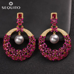 SEQUITO Indian Luxury Gold Plated CZ Large Circle Round Drop Earing with Grey Pearl Women Statement Hollow Earrings for Bohemian Costume Jewelry SE184