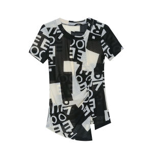 REHIN Womens top Fashion print irregular pleatsshort-sleeved T-shirt slim and thin elegant blouse