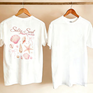 [Local Stock] HBESTY  Seashell Starfish Bow Script Text Salty Soul Cotton T-Shirt Pastel Pink Beige Crew Neck Short Sleeve Coastal Summer Ocean Lov