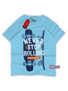 Kaos anak laki laki distro karakter superzie NEVER STOP warna biru muda bahan katun premium 30s