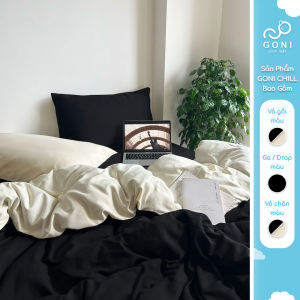 Bộ chăn mền ga gối GONI CHILL màu Đen Sữa - Ga drap giường bo chun cao 4-25cm kích thước 1m 1m2 1m4 1m6 1m8 2m2