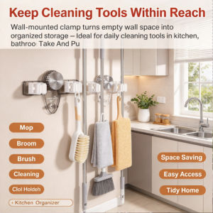 Suction Cup Mop Holder No Drill Mop Hanger Wall Mounted Broom Holder Mop Clip Bathroom Organizer Storage Rack Hooks