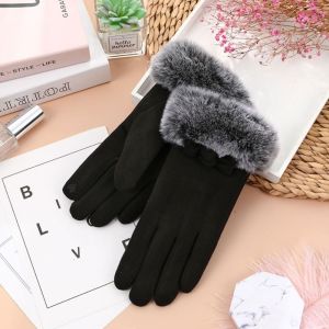 ICNWIEN Keep Warm Bow Plush Gloves Touch Screen Solid Color Women Mittens Cute Thicken Winter Velvet Gloves Ladies