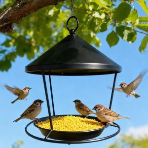 OUTOPEN Iron Art Hanging Bird Feeder Rustproof Spacious Holder Bird Feeding Station Water Dispenser Large Capacity Wild Bird Feeder Outdoor Garden