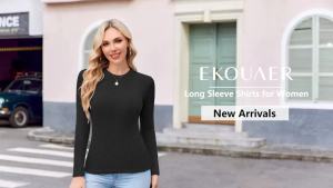 Ekouaer  Womens Long Sleeve Ribbed Shirt Fashion Slim Fit Top Warm Brushed Round Neck Soft Wool Basic Layered