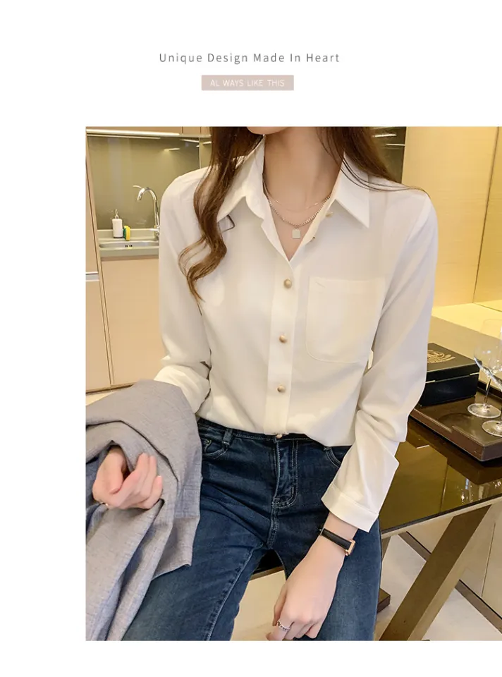 Chiffon Blouse for Women 2023 Long Sleeve Loose Chiffon White