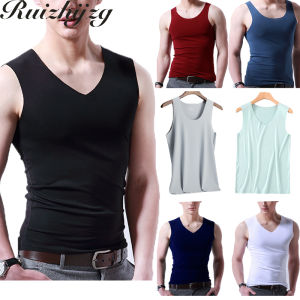 เสื้อกล้ามผู้ชาย Ruizhijzg L-5XLเสื้อกล้ามไร้รอยต่อผ้าไอซ์ซิลค์คอวีสีขาวดำเทาเข้มสำหรับฤดูร้อนไซส์ใหญ่พิเศษ L XL XXL XXXL 4XL 5XL