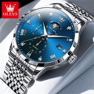 OLEVS Watch For Men Original Waterproof Multifunction Chronograph Luxury Diamond Moon Phase Fashion Stainless Steel Casual Luminous Calendar
