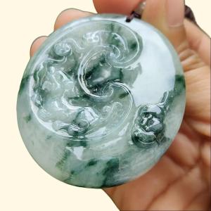 A High-Quality Type-A Natural Jadeite-Jade crafted with Pixiu Coins Gourd as Pendant with certificate weighs 36.46 grams measurement 53.9 * 46.2 * 7.5 mm (pendant300)