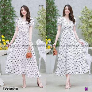 TW18518 เดรสยาวลายจุดแขนพอง + สายผูกเอว ..