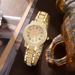 Fashion Full Diamond Women Quartz Watch Roma Dial Steel Band Ladies Quartz Wristwatch