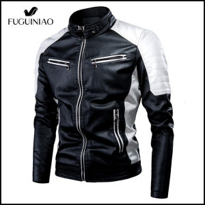 FUGUINIAO Male Leather Jacket Plus Size Mens Stand Collar Coats Leather Biker Jackets