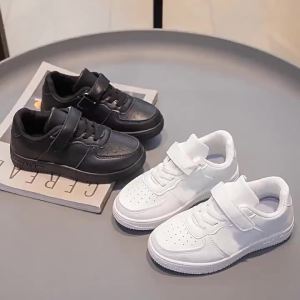 Childrens school leather soft-soled white shoes spring and autumn models boys casual versatile sneakers girls pure black running shoes