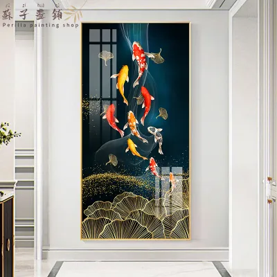 Nine fish pictures koi fish pictures lotus flowers Chinese style posters printed canvas murals for home background wall decoration.