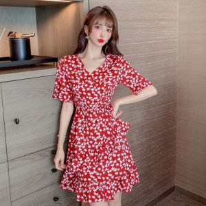 Ielgy Đầm Nữ Ngắn Tay Hoa voan kiểu pháp giảm béo Eo Cổ Chữ V ngắn