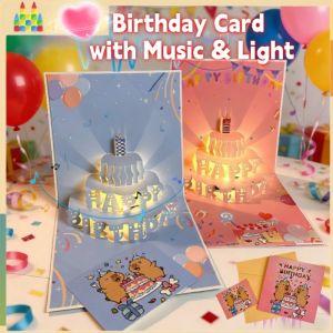 3D Birthday Card with Music & LED Light Cartoon Capybara Greeting Card Surprise Blessing Gifts
