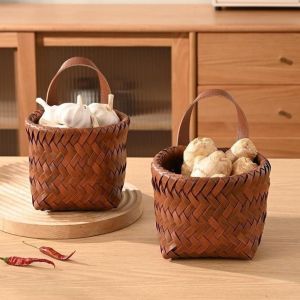 Plastic Wall Hanging Basket Space Saving Decorative Imitation Rattan Hanging Basket Practical Hand-Woven Vegetable Fruit Storage Baskets for Kitchen