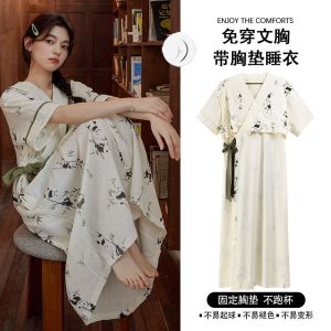 High End Woman Kimono Sleeping Robe Summer New Sweet V Neck Sleeping Dress with Chest Cushion Plus Size Womens Mid Long Bathrobe Loose Home Maternity Clothes