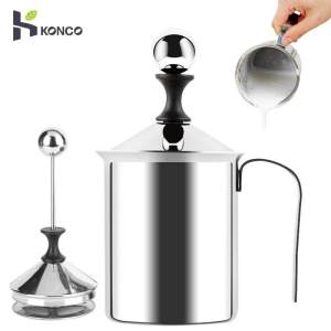 Konco 400ml/800ml Manual Milk Frother Foamer Pitcher Stainless Steel Milk Boiler Cup Jug Cappuccino Coffee Creamer Foam Pitcher with Handle and Lid Double Mesh