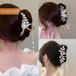 【PCWFKef】 Rhinestone ngọc trai tua tóc móng vuốt hoa tóc clip kẹp tóc cho phụ nữ thanh lịch Kiểu tóc đuôi ngựa thời trang phụ kiện tóc